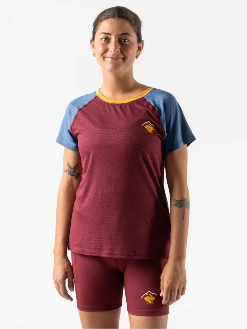 Rabbit Women’s EZ Tee Perf SS Large L Running Shirt Burgundy Blue Yellow